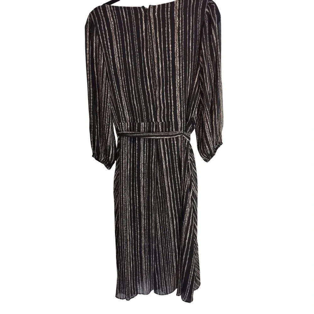 DKNY Womens Faux Wrap‎ Midi Dress Black Gray Chain Link Stripe Size 14 V-Neck